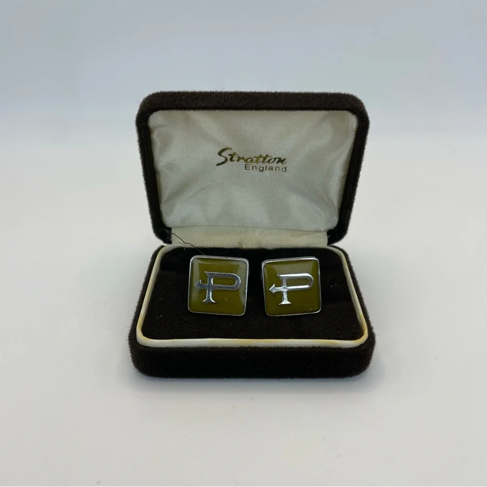 Vintage Green Yellow Enamel Letter P Cufflinks Silver Tone Initial Set